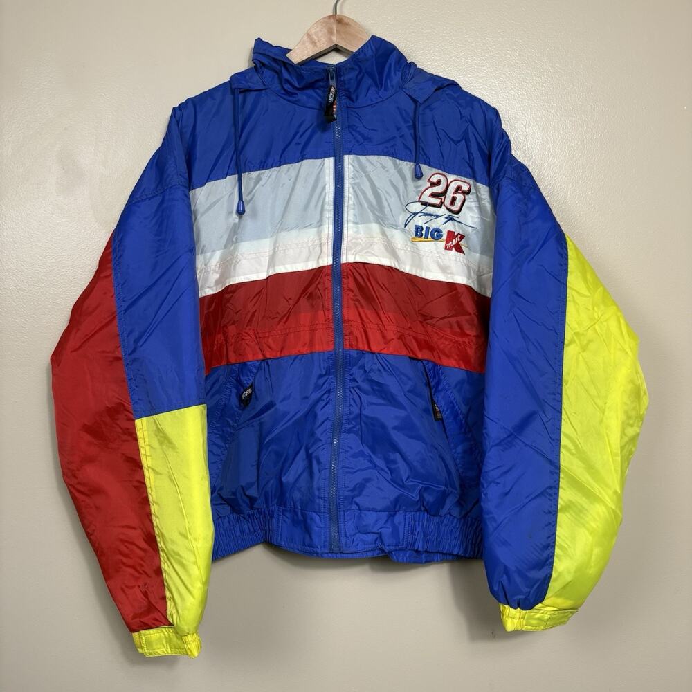 Vtg Nascar Jimmy Spencer Jacket #26 Big K Colorblock Windbreaker Hooded Sz L